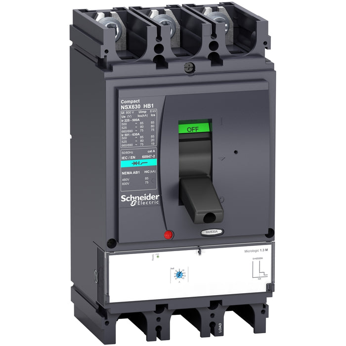 circuit breaker ComPact NSX630HB1, 75 kA at 690 VAC, MicroLogic 1.3 M trip unit 500 A, 3 poles 3d