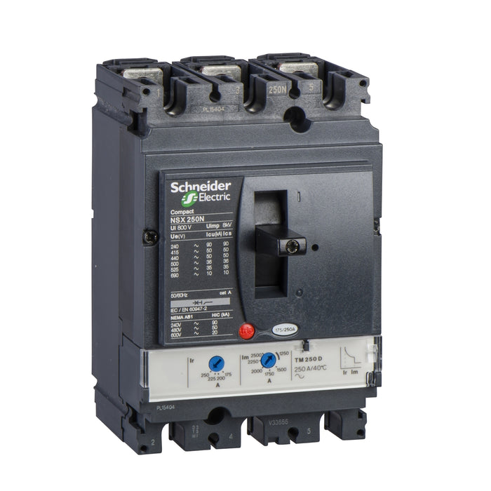 circuit breaker ComPact NSX250F, 36 kA at 415 VAC, TMD trip unit 160 A, 3 poles 3d