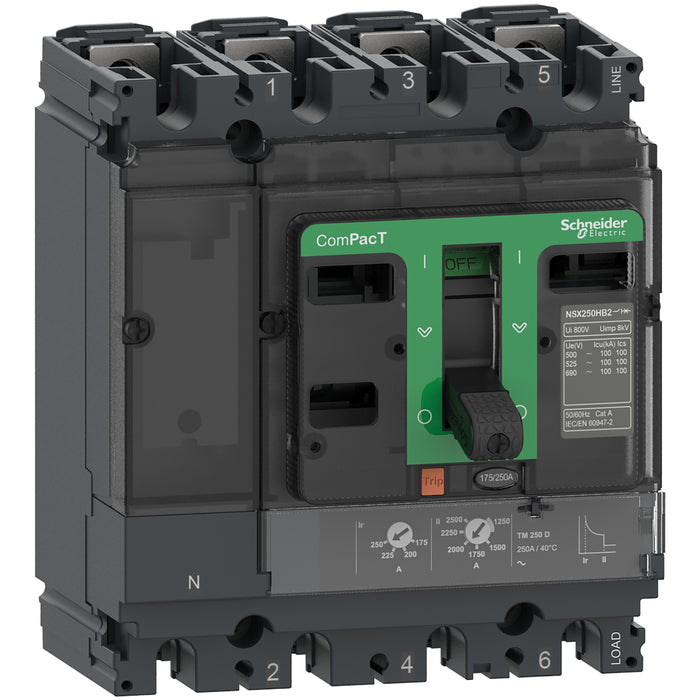 Circuit breaker ComPacT NSX250HB2, 100kA at 690VAC, TMD trip unit 200A, 4 poles 4d