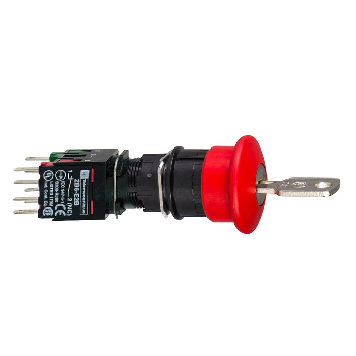 Complete emergency stop push button, Harmony XB6, red Ø 30 pushbutton Ø 16 trigger latching key release 1NO+2NC