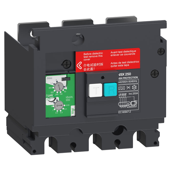 Earth-leakage VigiPacT add-on protection module, ComPacT NSX 250, 440 VAC to 550 VAC, 30 mA to 30 A, 3 poles