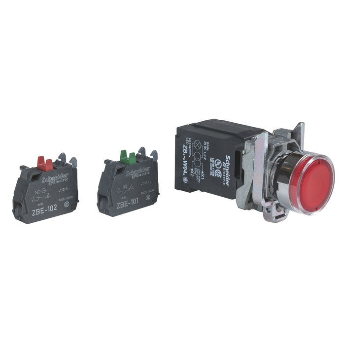 Illuminated push button, Harmony XB4, red flush complete illum pushbutton Ø22 mm spring return 1NO+1NC 110...120 V