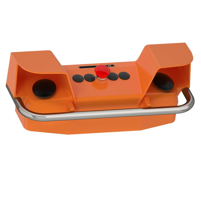 Preventa XY2 SB, Two-hand control station, orange, 2 push buttons 1 NO + 1 NC , 1 emergency stop push button 2 NC