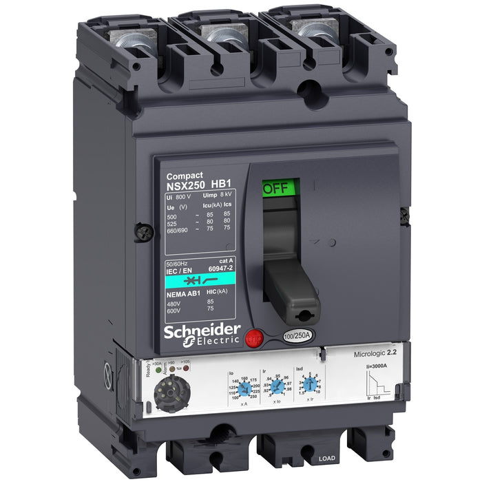 circuit breaker ComPact NSX250HB1, 75 kA at 690 VAC, MicroLogic 2.2 trip unit 250 A, 3 poles 3d