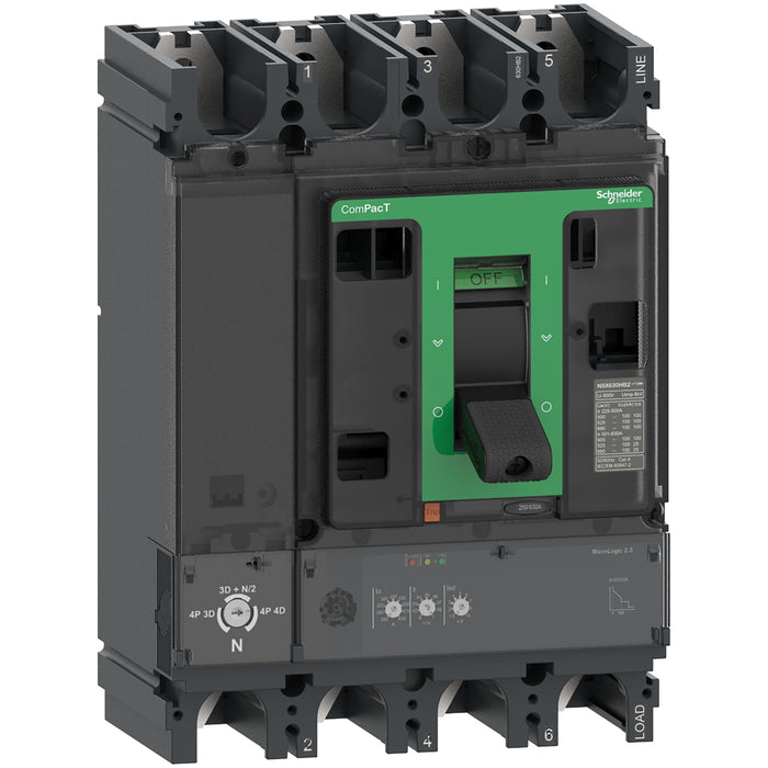 Circuit breaker ComPacT NSX630HB2, 100kA at 690VAC, MicroLogic 2.3 trip unit 630A, 4 poles 4d