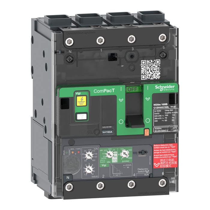 circuit breaker ComPacT NSXm B (25 kA at 415 VAC), 4P 4d, 100 A rating Micrologic 4.1 trip unit, EverLink connectors