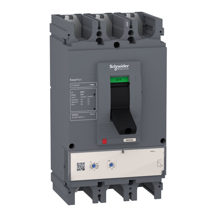 circuit breaker EasyPact CVS400F, 36 kA at 415 VAC, 400 A rating ETS 2.3 electronic trip unit, 3P 3d