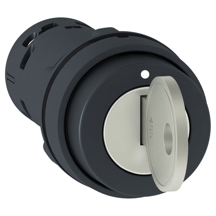 Harmony XB7, Monolithic key switch selector, plastic, black, Ø22, key n°455, 2 positions, stay put, 1 NO