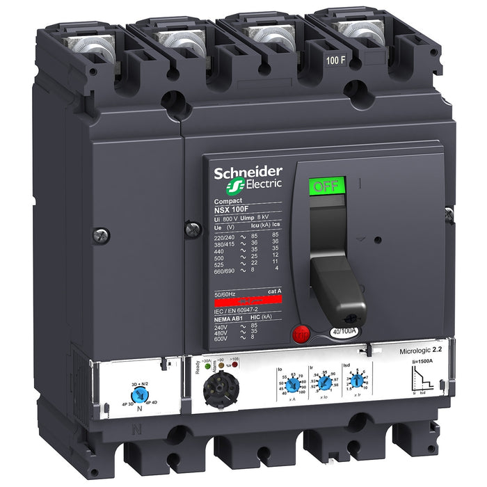 circuit breaker ComPact NSX100N, 50 kA at 415 VAC, MicroLogic 2.2 trip unit 100 A, 4 poles 4d