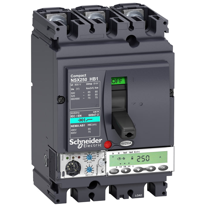 circuit breaker ComPact NSX100HB1, 75 kA at 690 VAC, MicroLogic 5.2 E trip unit 40 A, 3 poles 3d