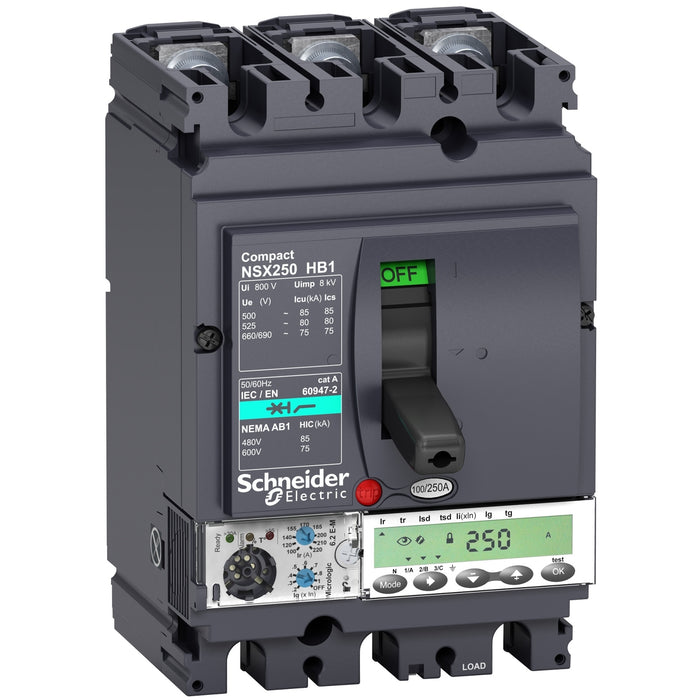 circuit breaker ComPact NSX100HB1, 75 kA at 690 VAC, MicroLogic 6.2 E-M trip unit 50 A, 3 poles 3d