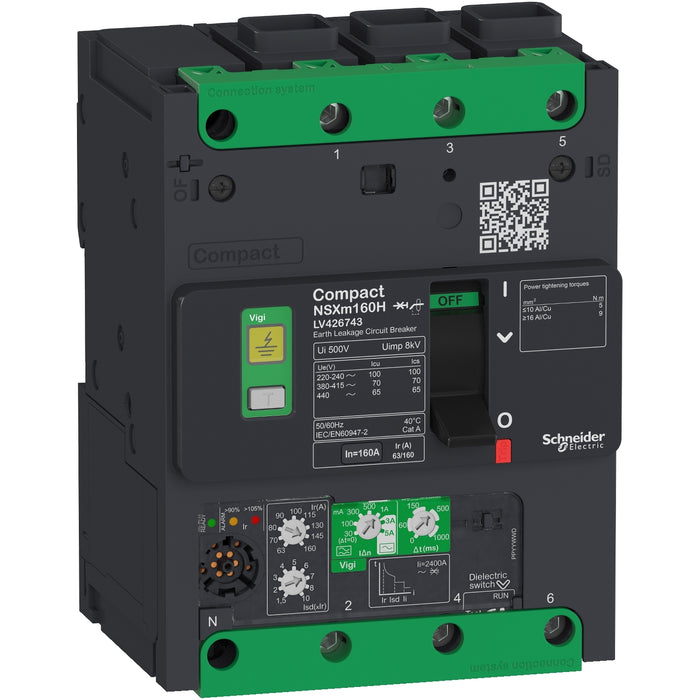 circuit breaker ComPact NSXm H (70 kA at 415 VAC), 3P 3d, 160 A rating Micrologic 4.1 trip unit, EverLink connectors