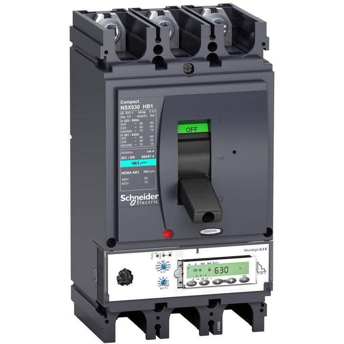circuit breaker ComPact NSX630HB1, 75 kA at 690 VAC, MicroLogic 6.3 E trip unit 630 A, 3 poles 3d