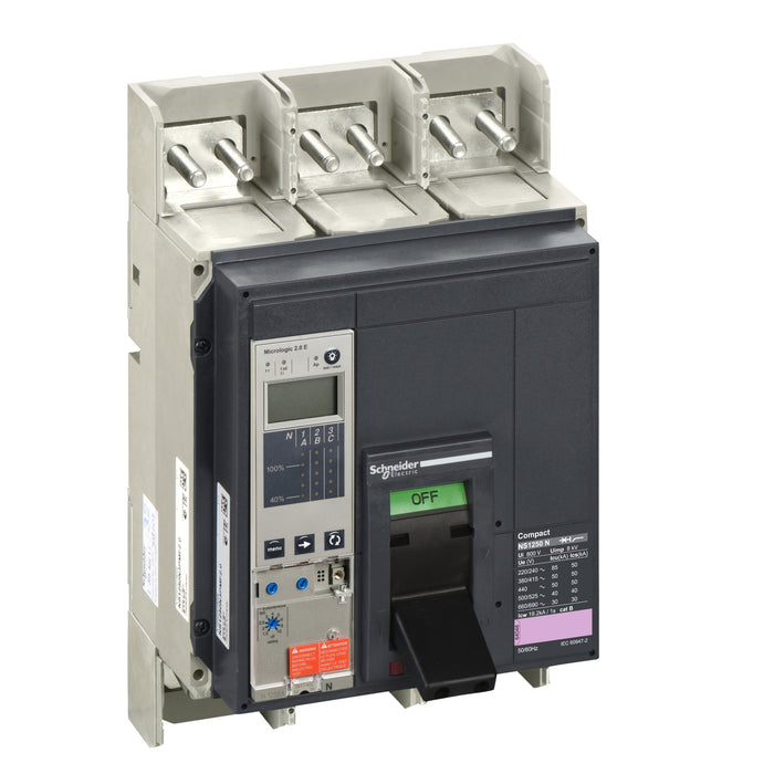 circuit breaker ComPact NS1250N, 50 kA at 415 VAC, Micrologic 2.0 E trip unit, 1250 A, fixed,3 poles 3d