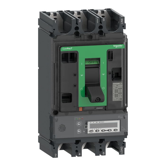Circuit breaker ComPacT NSX630HB1, 75kA at 690VAC, MicroLogic 6.3 E trip unit 630A, 3 poles 3d