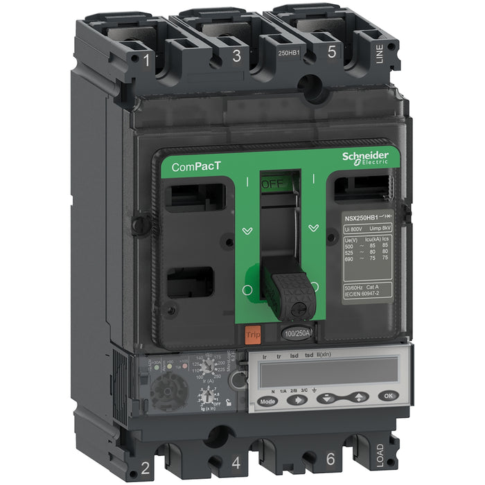 Circuit breaker ComPacT NSX250HB2, 100kA at 690VAC, MicroLogic 6.2 E trip unit 160A, 4 poles 4d