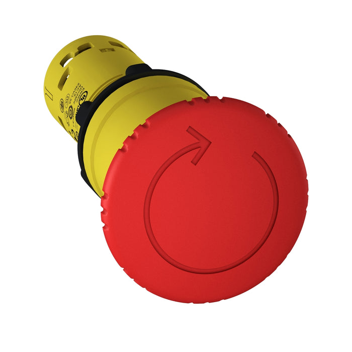 Harmony XB7, Monolithic emergency stop, plastic, red mushroom Ø40, Ø22, latching turn to release, 1 NC