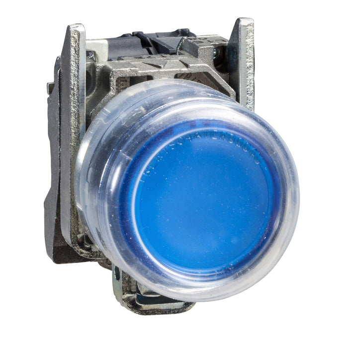 Complete illuminated push button, Harmony XB4, metal, flush, blue, Ø22 mm, spring return, booted, 24 V AC/DC, 1 NO, ATEX