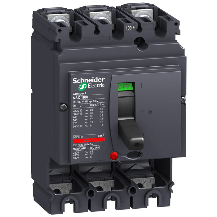 circuit breaker basic frame, ComPact NSX100F, 36 kA at 415 VAC 50/60 Hz, 100 A, without trip unit, 3 poles