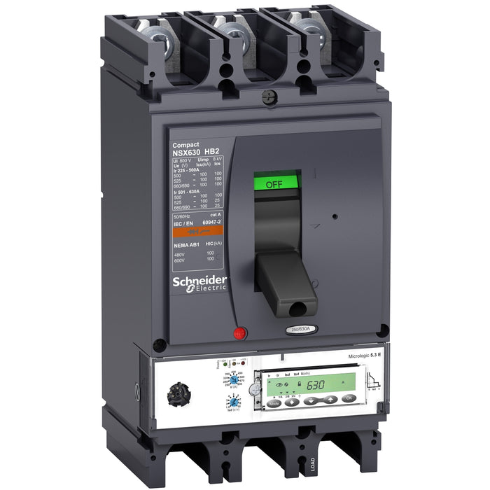 circuit breaker ComPact NSX630HB2, 100 kA at 690 VAC, MicroLogic 5.3 E trip unit 630 A, 3 poles 3d