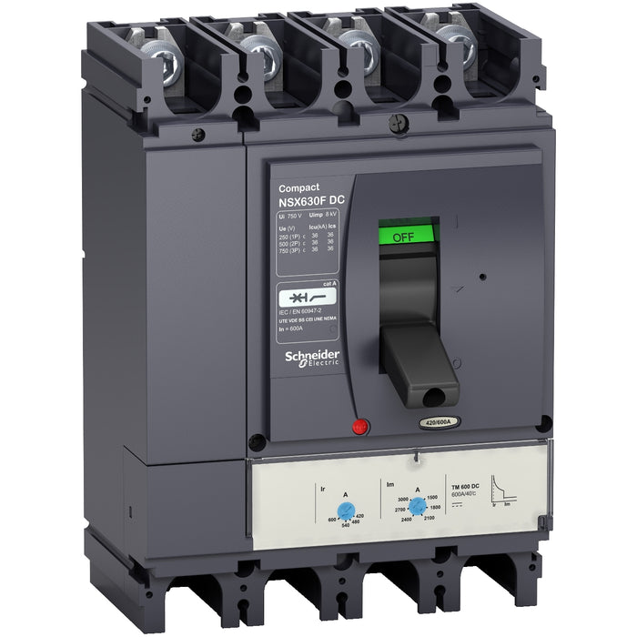 circuit breaker ComPact NSX250F DC, 36 kA at 750 VDC, TM-DC trip unit, 250 A rating, 4 poles