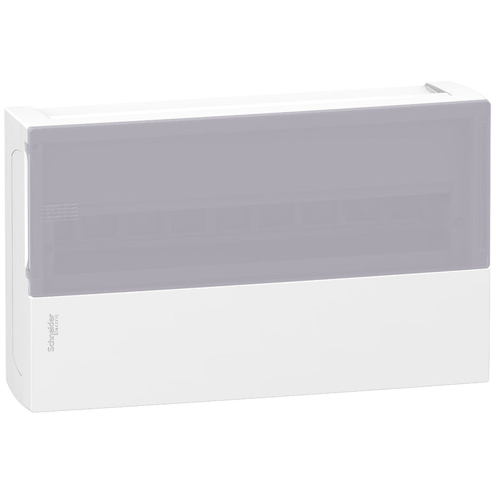 Enclosure, Resi9 MP, surface mounting, 1 row of 18 modules, IP40, translucid door, 1 earth + 1 neutral terminal blocks
