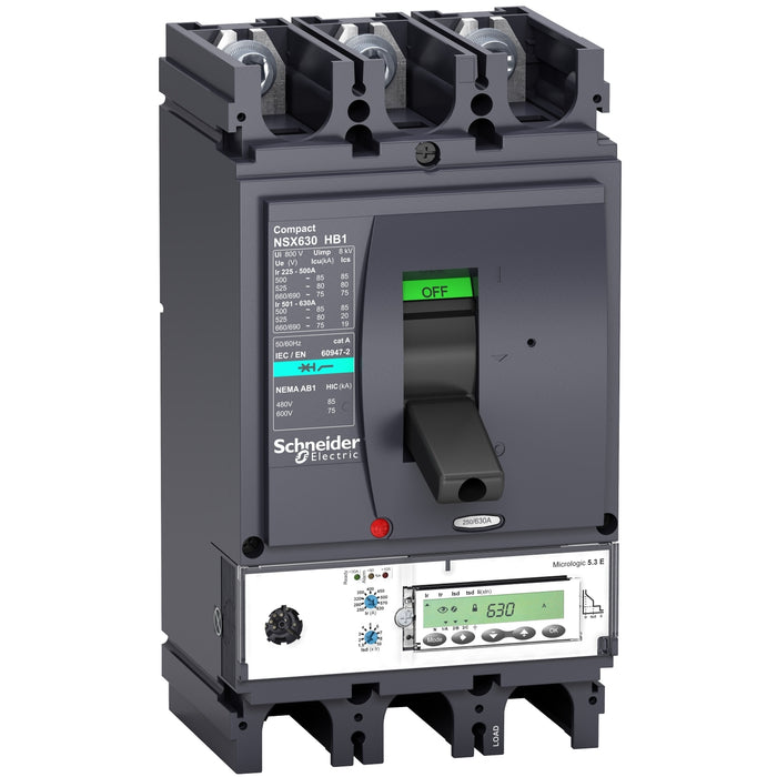 circuit breaker ComPact NSX630HB1, 75 kA at 690 VAC, MicroLogic 5.3 E trip unit 630 A, 3 poles 3d