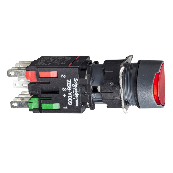 Complete illuminated push button, Harmony XB6, red flush illum pushbutton Ø 16 spring return 1NO+1NC 12...24 V