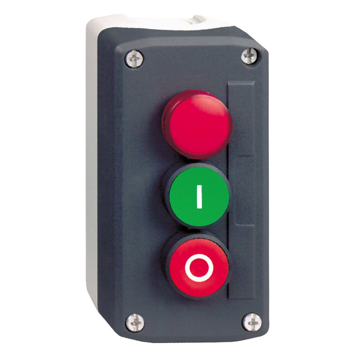 Complete control station, Harmony XALD, dark grey green flush/red flush pushbuttons Ø22 mm and red pilot light