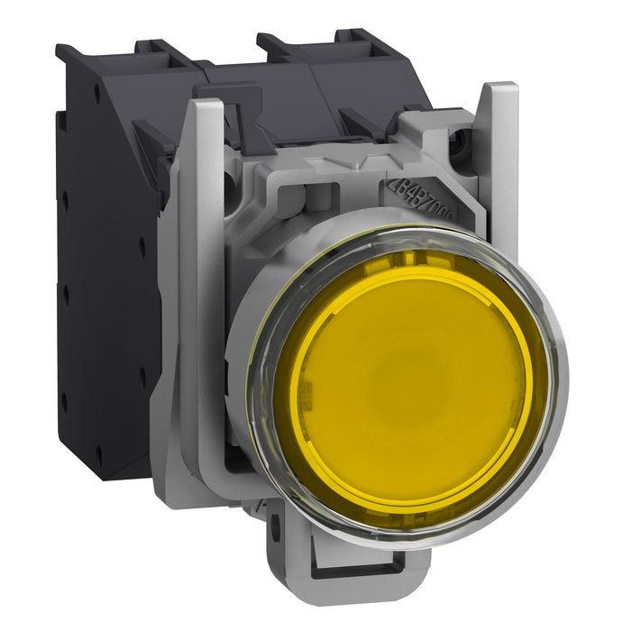 Complete illuminated push button, Harmony XB4, metal, flush, yellow, Ø22 mm, spring return, booted, 24...254 V AC/DC, 1 NO, ATEX