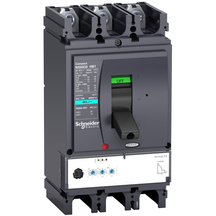 circuit breaker ComPact NSX400HB1, 75 kA at 690 VAC, MicroLogic 2.3 trip unit 250 A, 3 poles 3d
