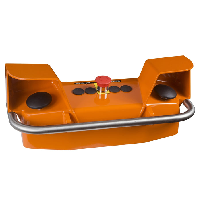 Preventa XY2 SB, Two-hand control station, orange, 2 push buttons 1 NO + 1 NC, 1 emergency stop push button 2 NC, pre-wired terminal block