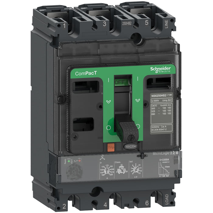 Circuit breaker ComPacT NSX100H, 70kA at 415VAC, MicroLogic 2.2 M trip unit 100A, 3 poles 3d