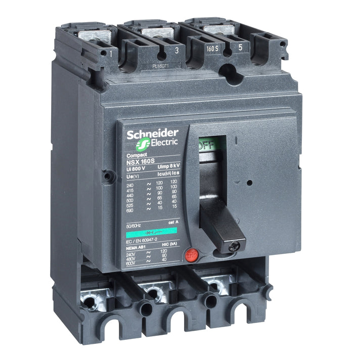 circuit breaker basic frame, ComPact NSX160S, 100 kA at 415 VAC 50/60 Hz, 160 A, without trip unit, 3 poles