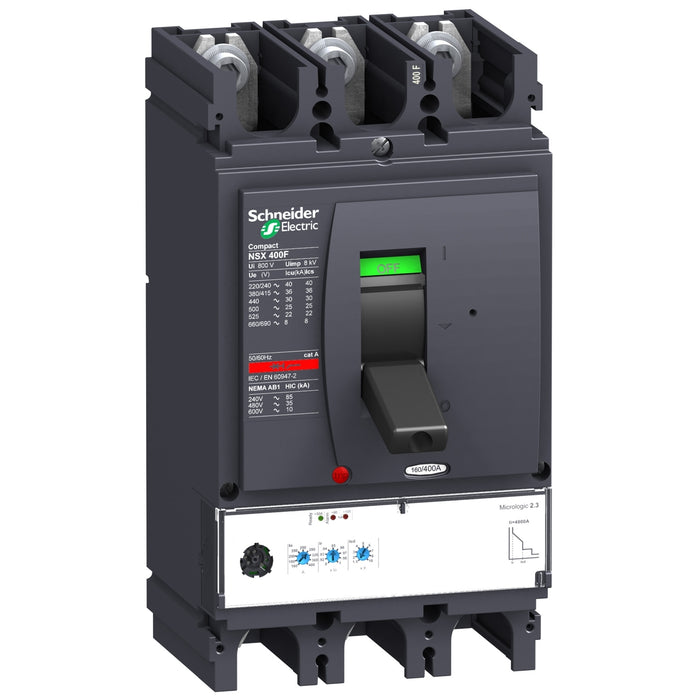 circuit breaker ComPact NSX400H, 70 kA at 415 VAC, MicroLogic 2.3 trip unit 250 A, 3 poles 3d