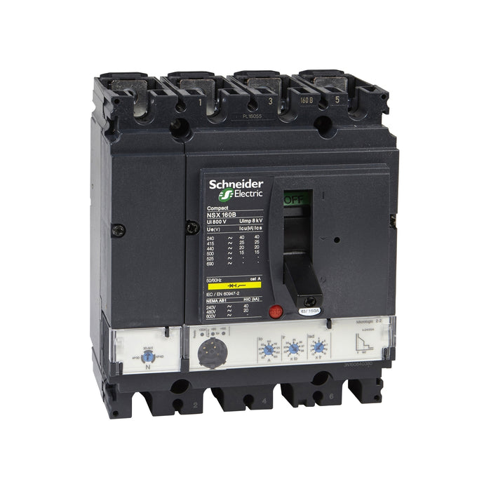 circuit breaker ComPact NSX100B, 25 kA at 415 VAC, MicroLogic 2.2 trip unit 100 A, 4 poles 4d