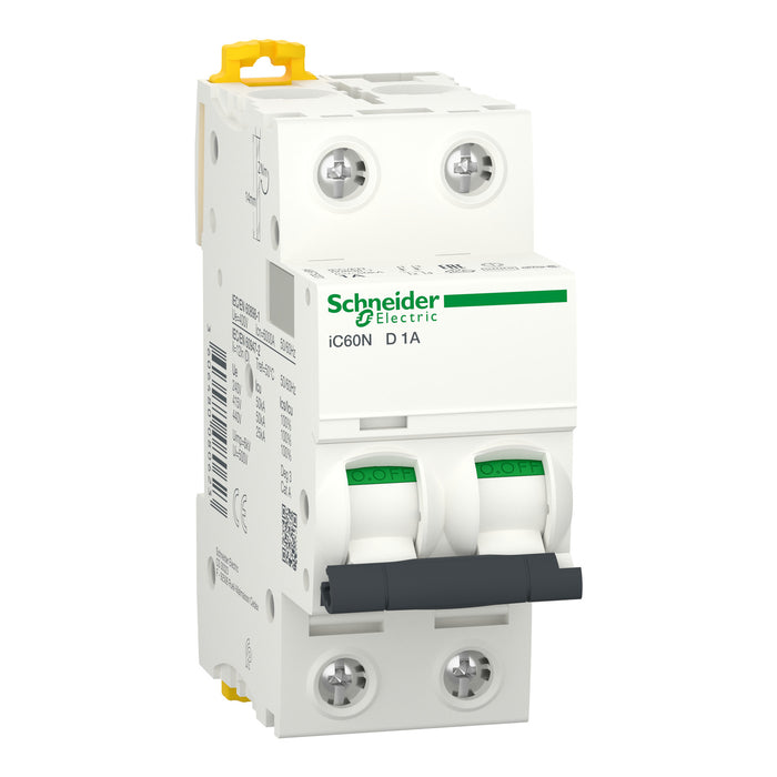 Miniature circuit-breaker, Acti9 iC60N, 2P, 1 A, D curve, 6000 A (IEC 60898-1), 50 kA (IEC 60947-2)