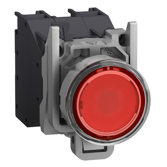 Complete illuminated push button, Harmony XB4, metal, flush, red, Ø22 mm, spring return, booted, 24...254 V AC/DC, 1 NO, ATEX