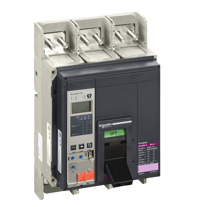 circuit breaker ComPact NS1600H, 70 kA at 415 VAC, Micrologic 2.0 E trip unit, 1600 A, fixed,3 poles 3d