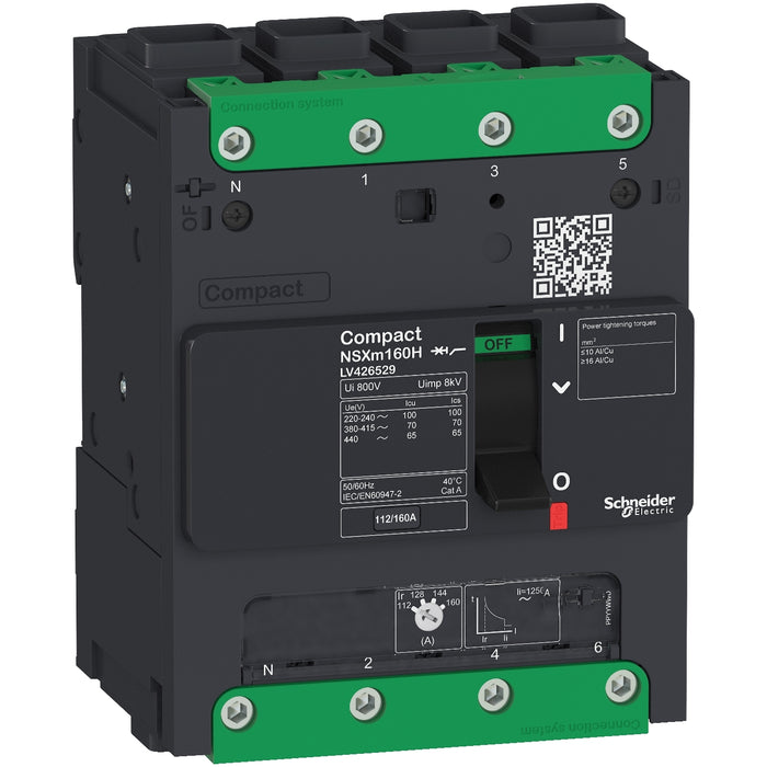 circuit breaker ComPact NSXm F (36 kA at 415 VAC), 4P 4d, 160 A rating TMD trip unit, EverLink connectors