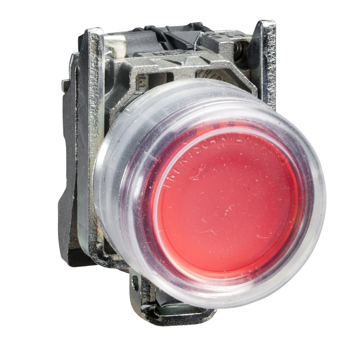 Complete illuminated push button, Harmony XB4, metal, flush, red, Ø22 mm, spring return, booted, 230 V AC, 1 NO, ATEX