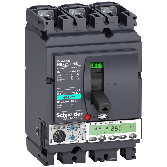 circuit breaker ComPact NSX100HB1, 75 kA at 690 VAC, MicroLogic 6.2 E trip unit 100 A, 3 poles 3d
