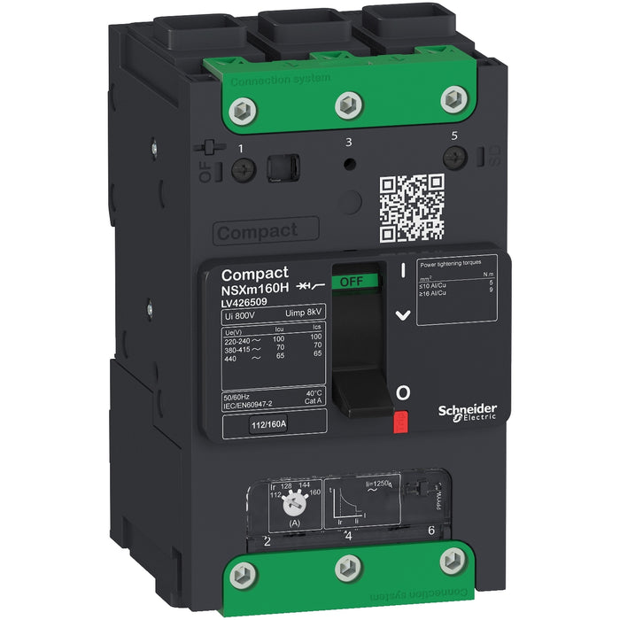 circuit breaker ComPact NSXm N (50 kA at 415 VAC), 3P 3d, 160 A rating TMD trip unit, EverLink connectors