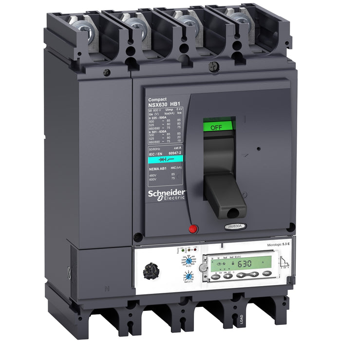 circuit breaker ComPact NSX630HB1, 75 kA at 690 VAC, MicroLogic 5.3 E trip unit 630 A, 4 poles 4d