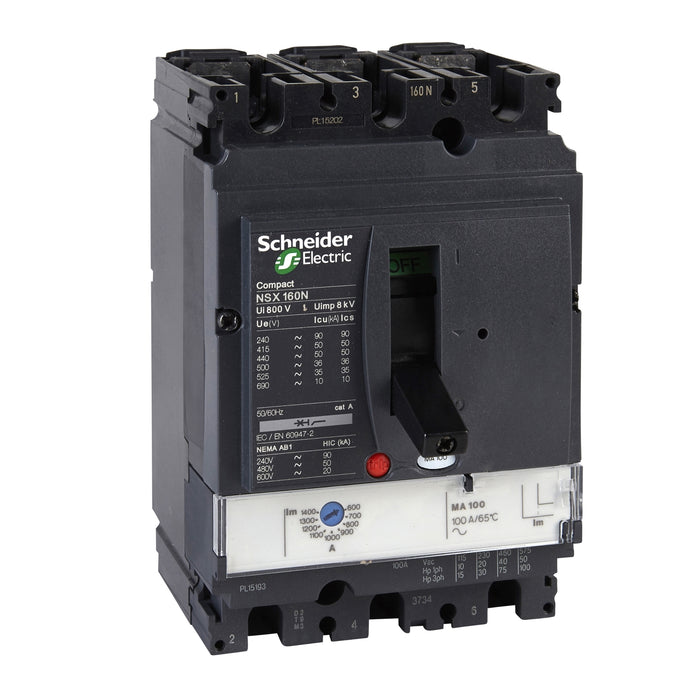 circuit breaker ComPact NSX160H, 70 kA at 415 VAC, MA trip unit 100 A, 3 poles 3d