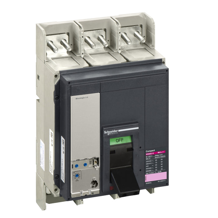 circuit breaker ComPact NS800H, 70 kA at 415 VAC, Micrologic 5.0 E trip unit, 800 A, fixed,3 poles 3d
