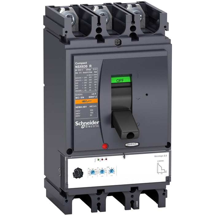 circuit breaker ComPact NSX400R, 200 kA at 415 VAC, MicroLogic 2.3 trip unit 400 A, 3 poles 3d