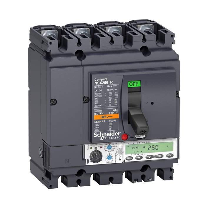 circuit breaker ComPact NSX250R, 200 kA at 415 VAC, MicroLogic 5.2 E trip unit 250 A, 4 poles 4d