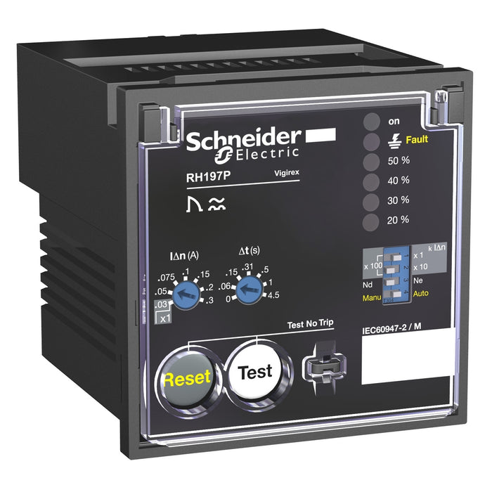 residual current protection relay, VigiPacT RH197P, 30 mA to 30 A, 48 VAC 50/60Hz, 24/130 VDC, alarm 50%, front panel mounting