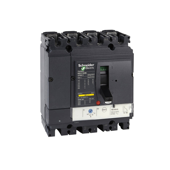 circuit breaker ComPact NSX100N, 50 kA at 415 VAC, TMD trip unit 100 A, 4 poles 3d
